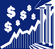 collage of dollar signs, a graph, and a building with columns